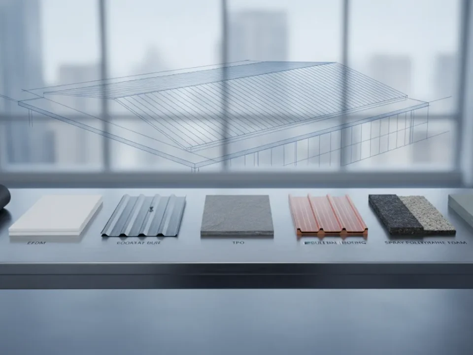 Samples of the most common types of commercial roofing materials.