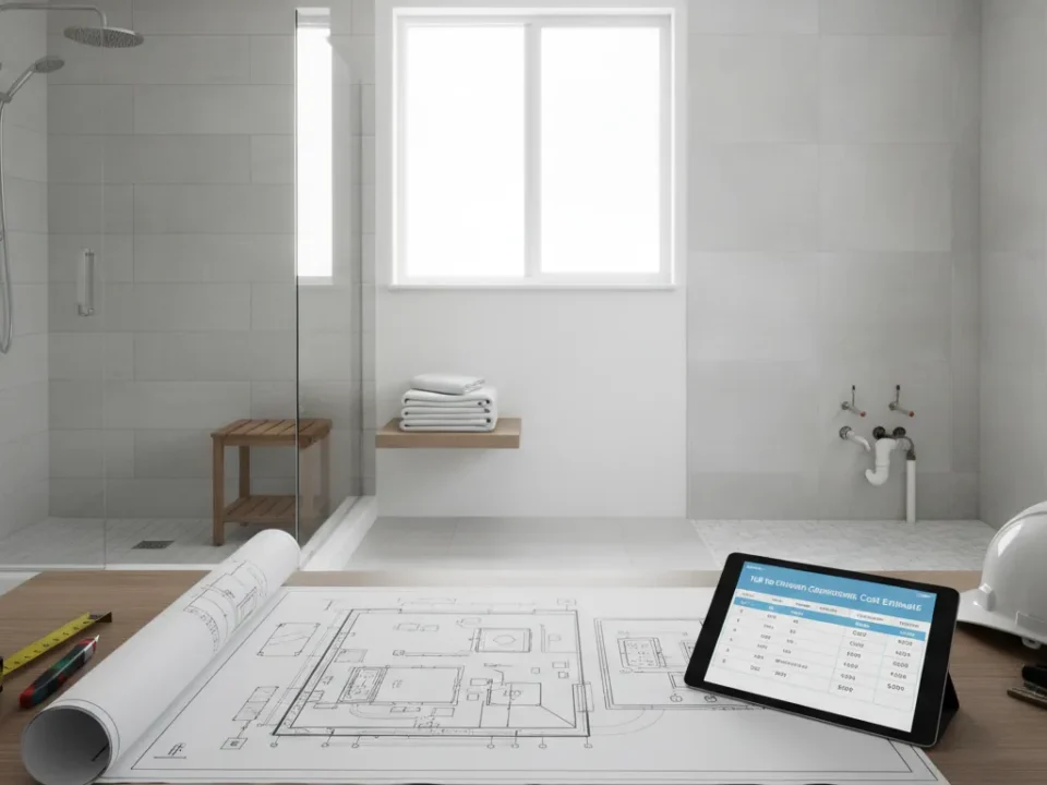 Tablet showing a tub to shower conversion cost estimate with blueprints in a modern bathroom.