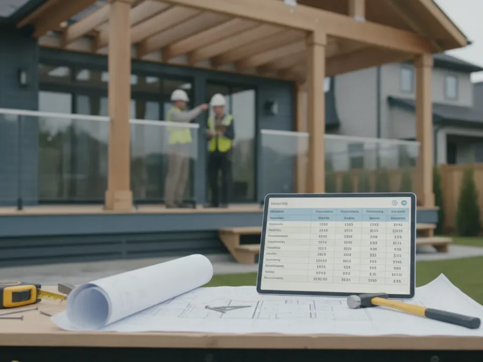 Calculating the cost to build a porch with blueprints and a tablet.