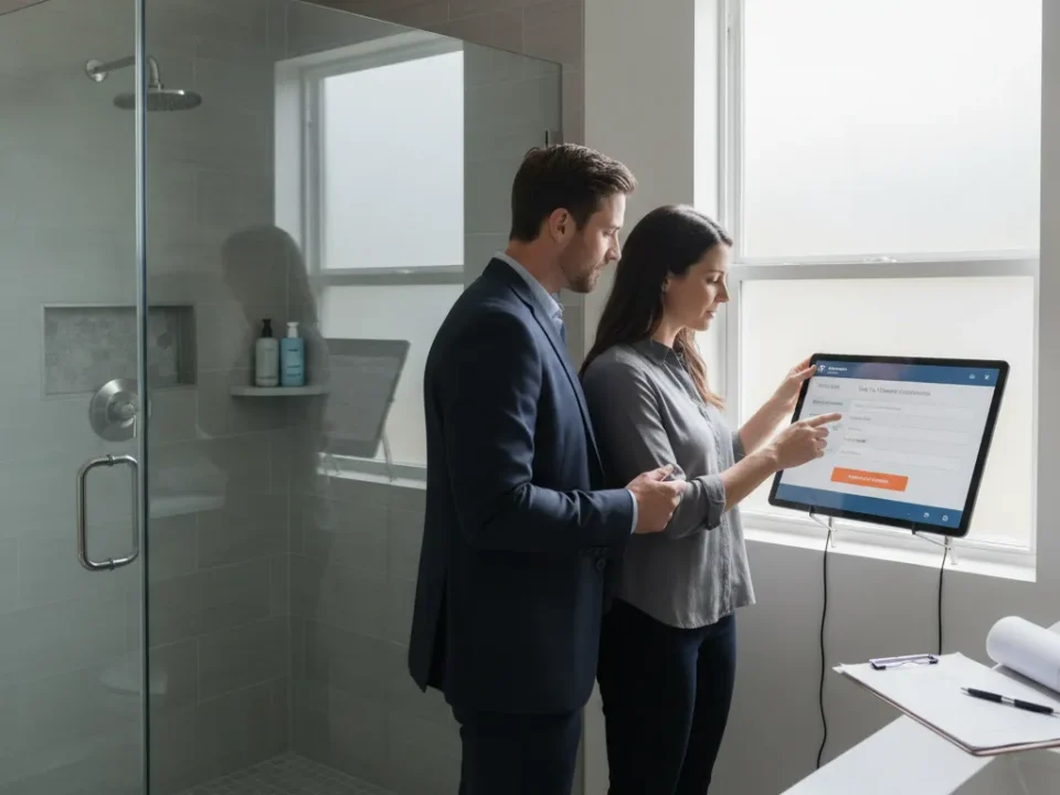Couple researching how to get a quote for a tub to shower conversion in their bathroom.