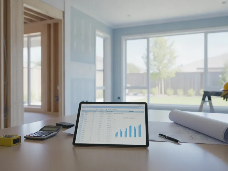 Using a room addition cost estimator on a tablet with blueprints and a calculator.