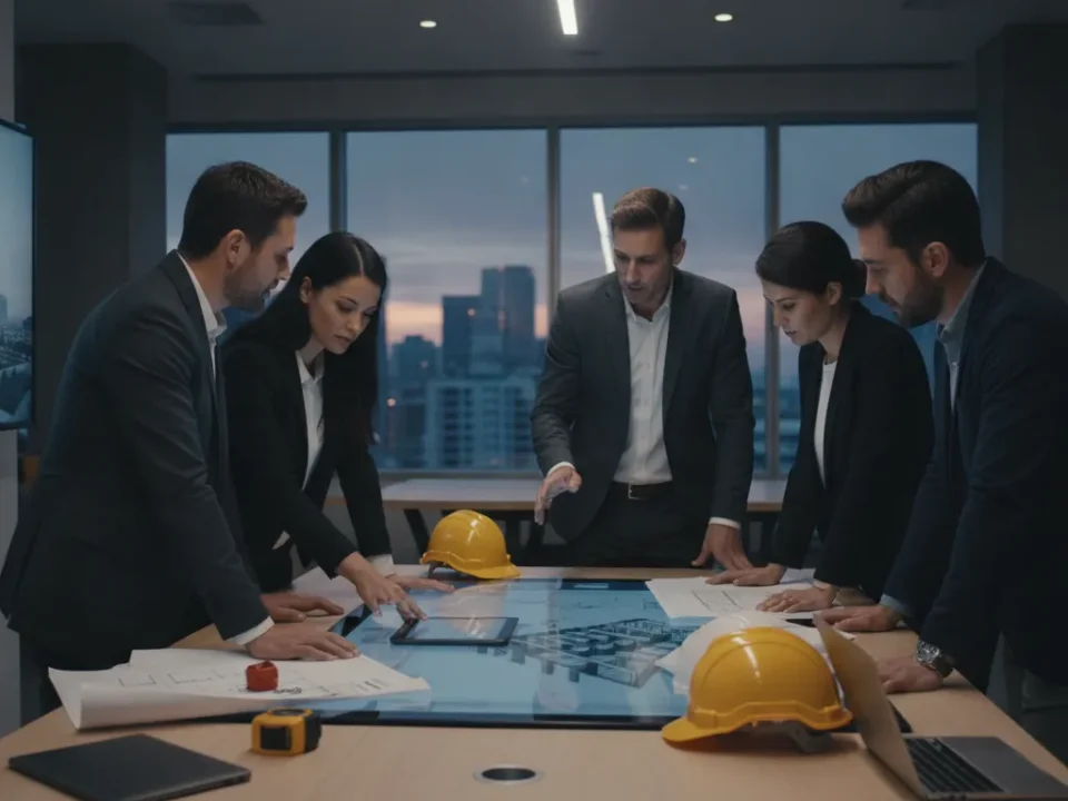 A design-build firm's architects and engineers collaborating over blueprints for a new project.