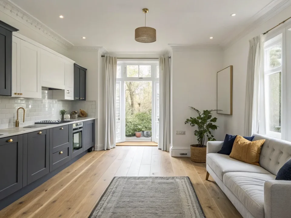 High-impact home improvement ideas in a modern, open-concept kitchen and living room.