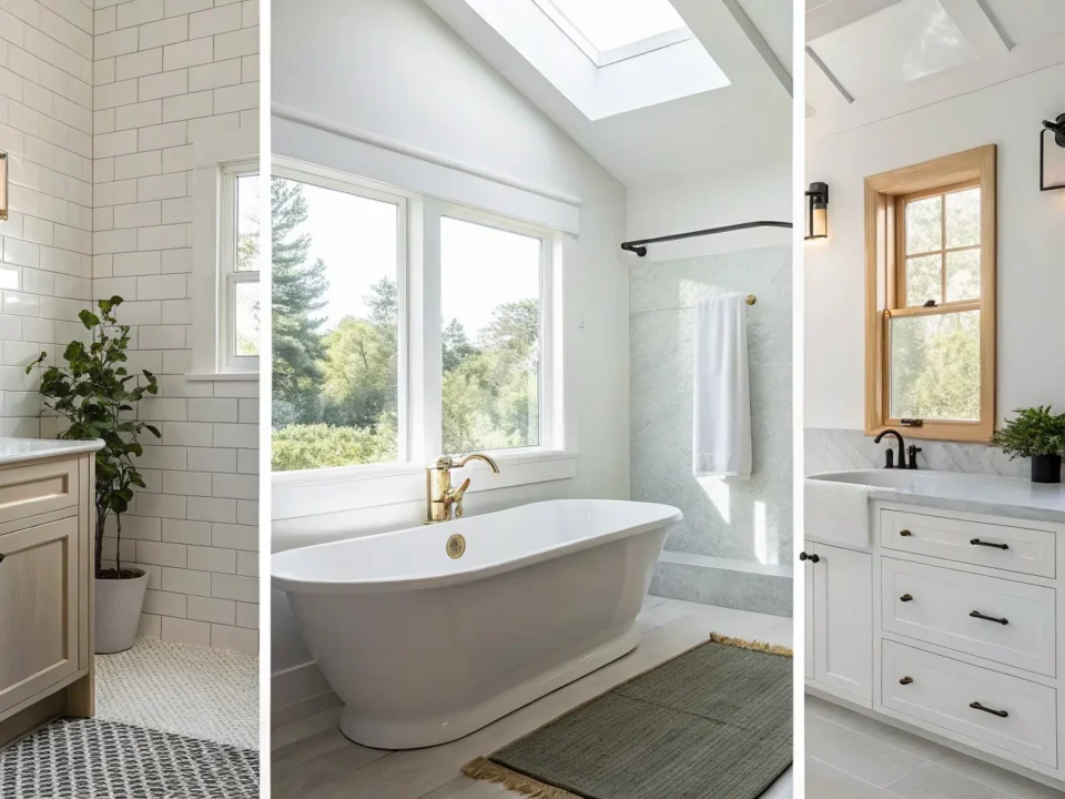 Modern bathroom with a freestanding tub and dual vanity, one of the best bathroom remodeling ideas.