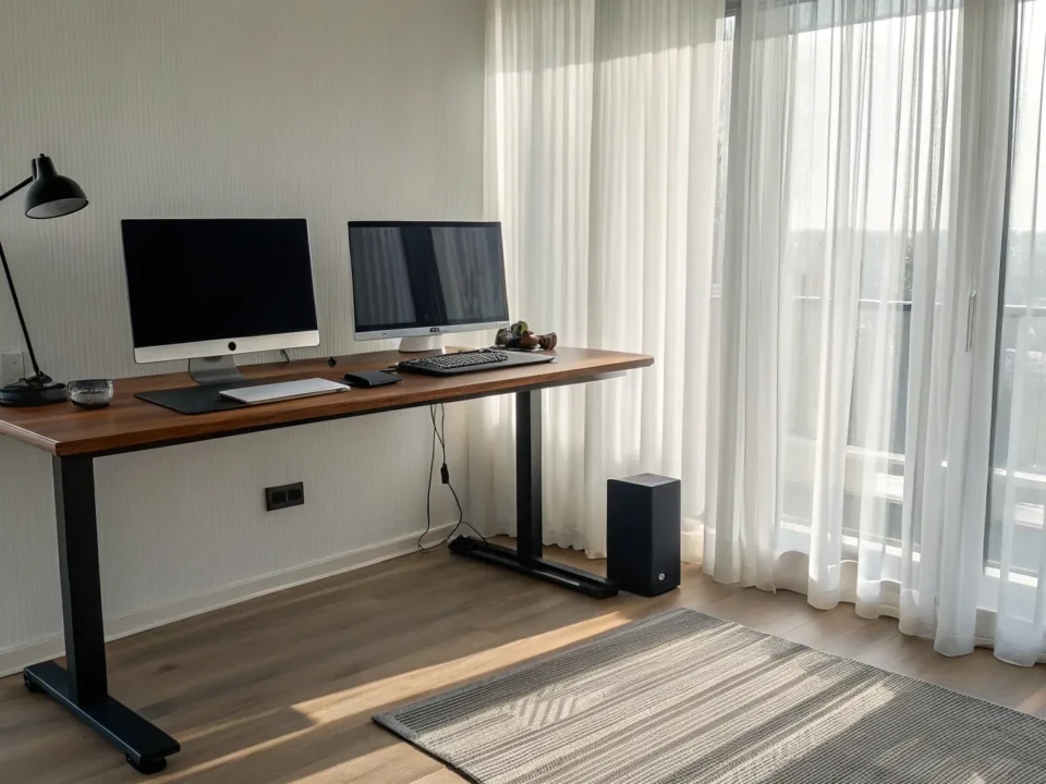 A modern home office design idea with a minimalist wooden desk, dual monitors, and natural light.