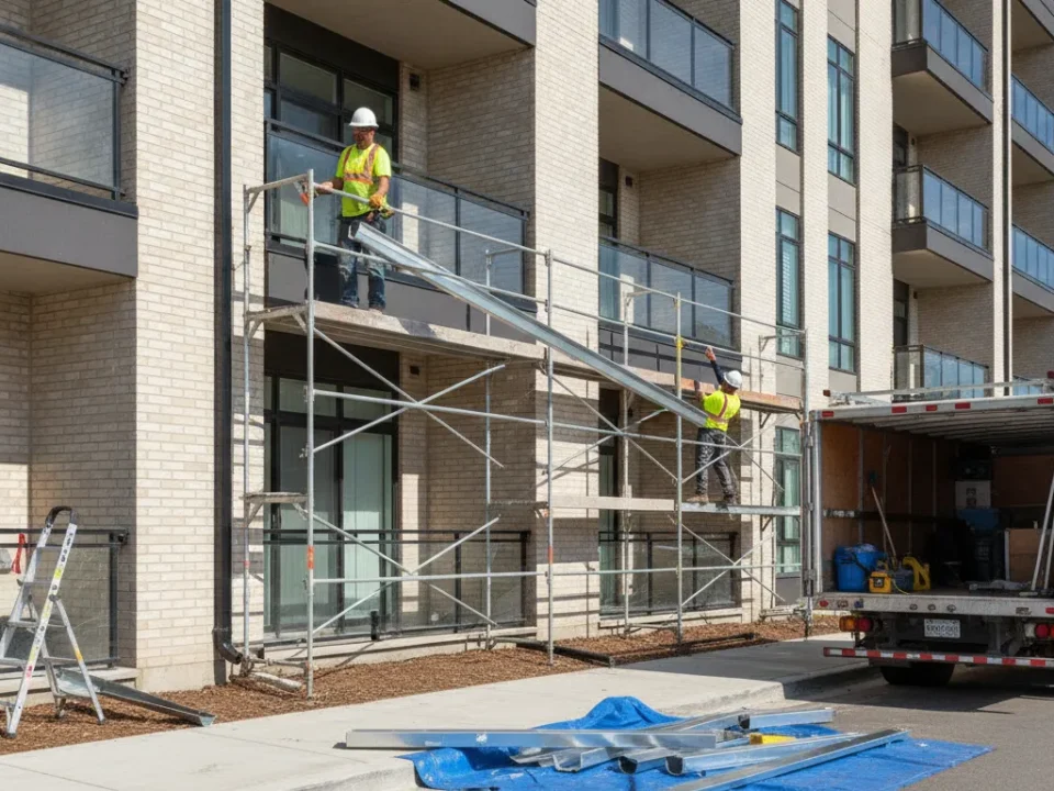 Apartment building gutter replacement with workers on scaffolding and service truck.