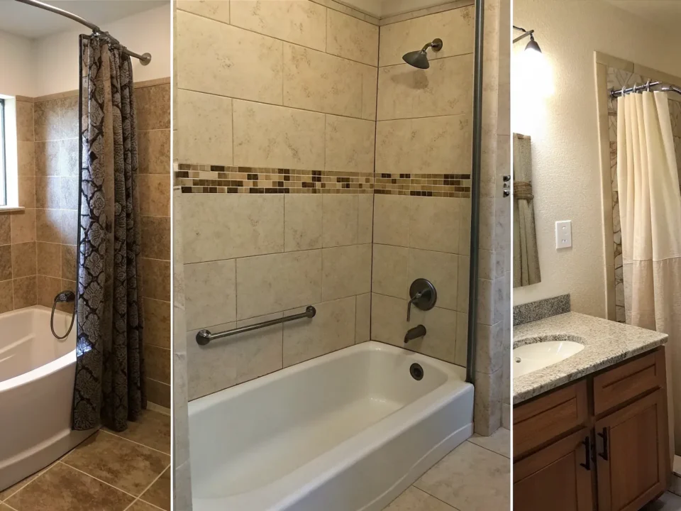 Completed tub to shower bathroom remodel with a modern walk-in design and new tile.