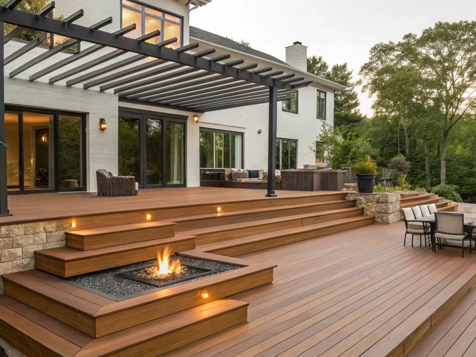 Multi-level custom deck design with a pergola, outdoor dining area, and a fire pit.