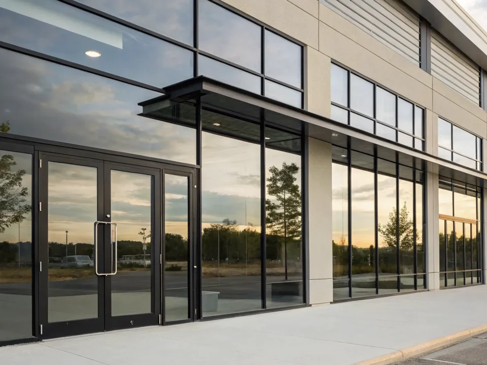 Modern commercial storefront doors with large glass panels and aluminum frames.