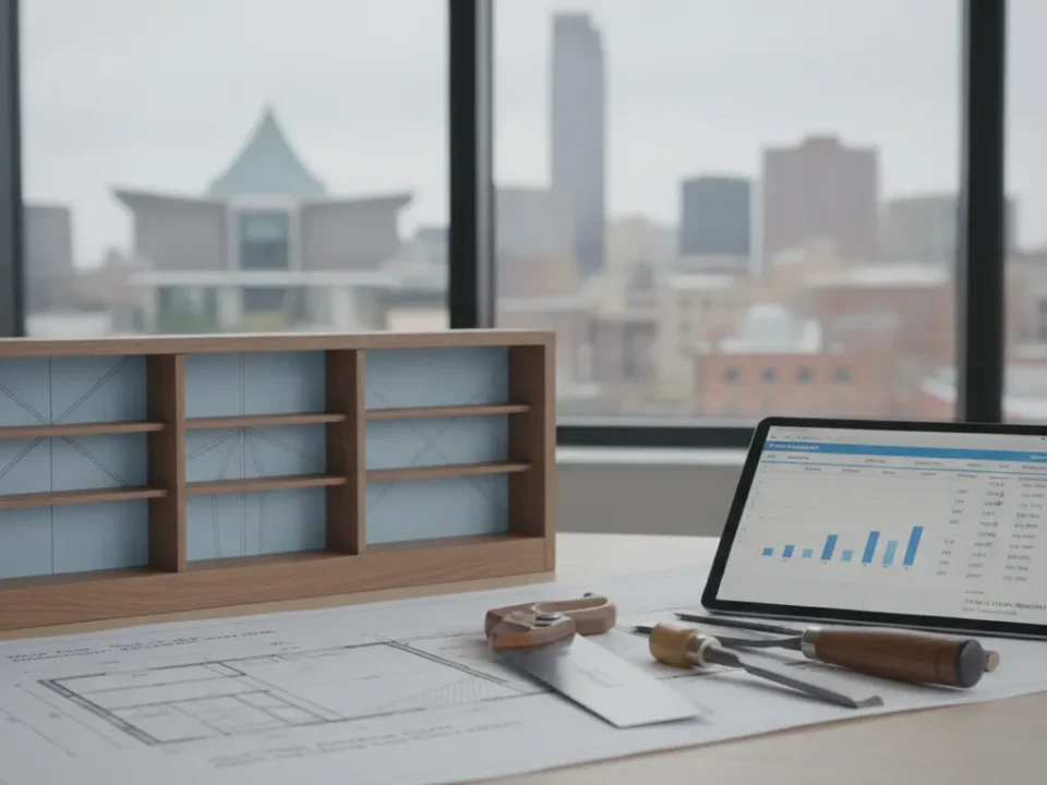 Custom carpentry cost guide with shelving model, blueprints, tools, and pricing chart in Milwaukee.
