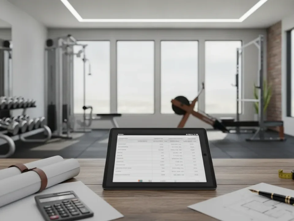 Modern home gym with equipment, calculator, tablet, and plans for the cost to build a custom home gym.