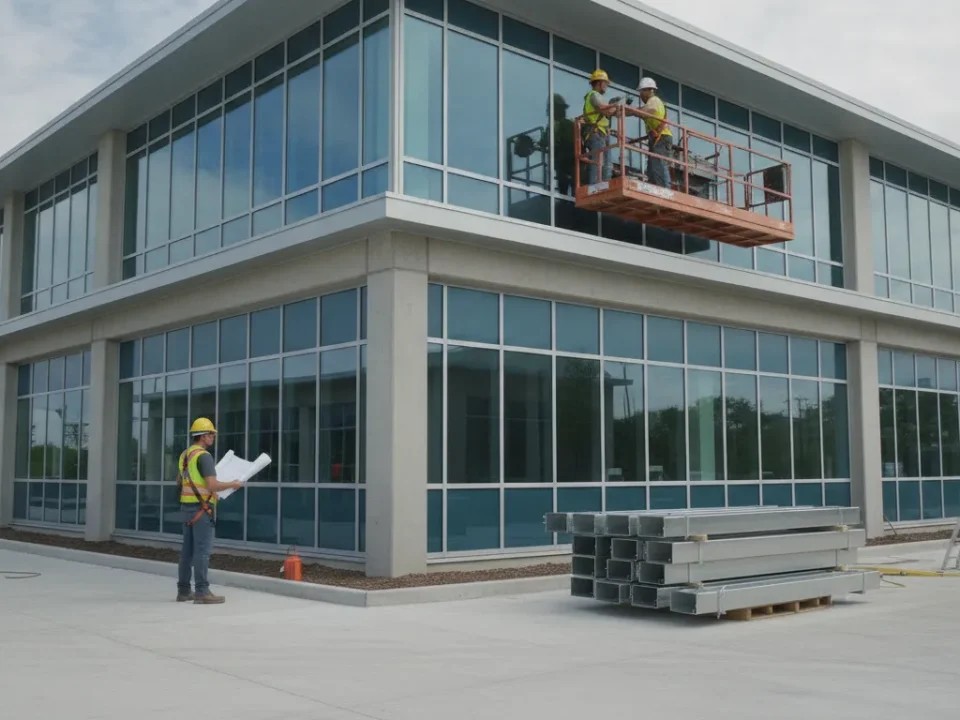 Workers install commercial box gutters on a building while reviewing plans.