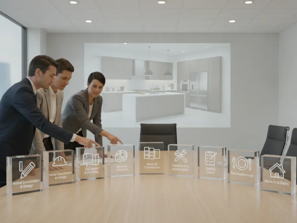 Professionals reviewing the design-build process for a kitchen remodel in a modern conference room.