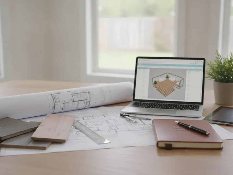 Laptop with deck design software, blueprints, wood samples, and notebook for a new deck quote.