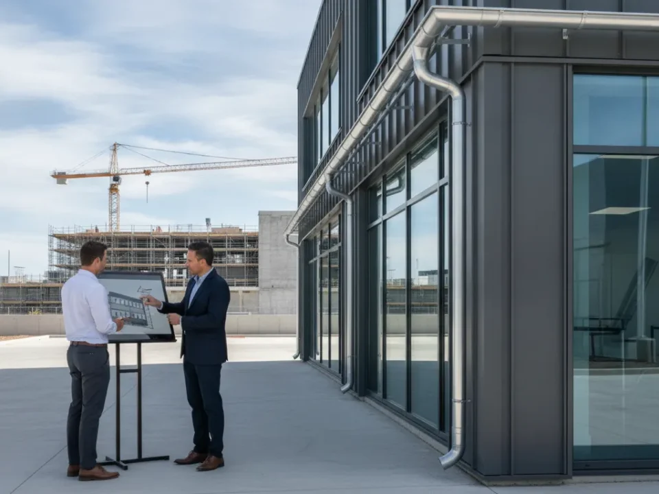 Contractors discuss plans for commercial gutters outside a modern building.