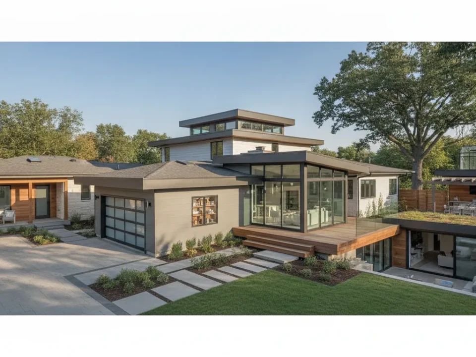 Ranch-style home addition with a glass sunroom, expanded living space, and outdoor patio.