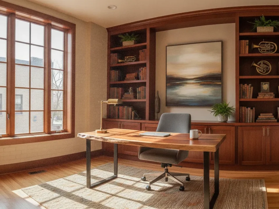 Renovated home office with built-in shelving and natural light