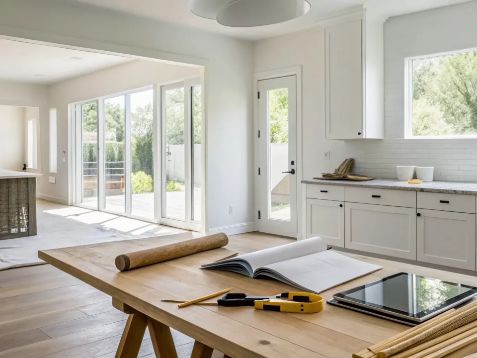 Home remodeling plans on a table in a newly finished modern kitchen with white cabinets.