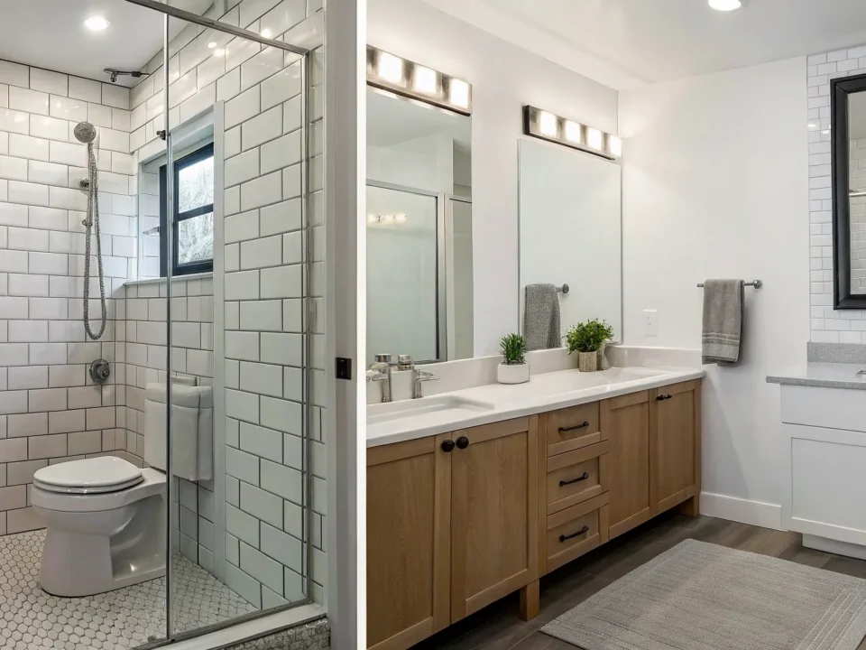 How much a bathroom remodel costs, featuring a modern double vanity and glass shower.
