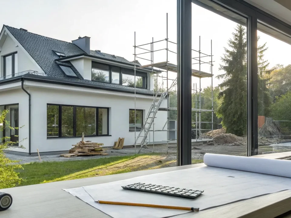 Calculating a home addition cost with blueprints on a table inside a home under construction.