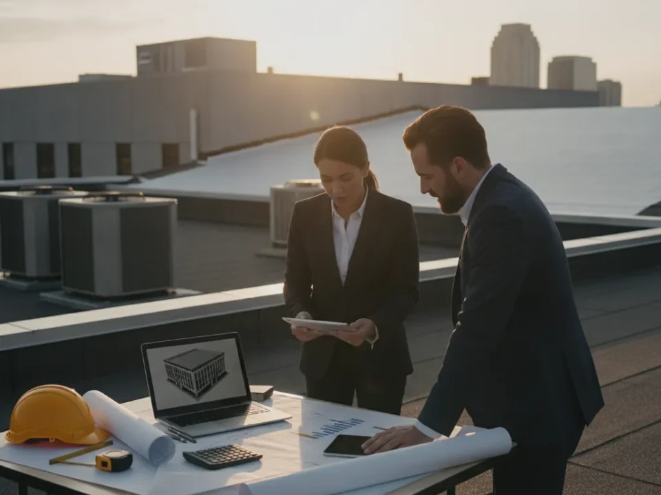 Two professionals reviewing commercial roof replacement cost plans on a rooftop with city buildings in the background.