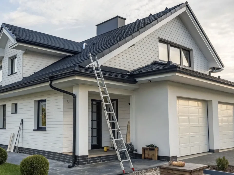 Gutter replacement cost on a modern two-story home with new gutters and downspouts.