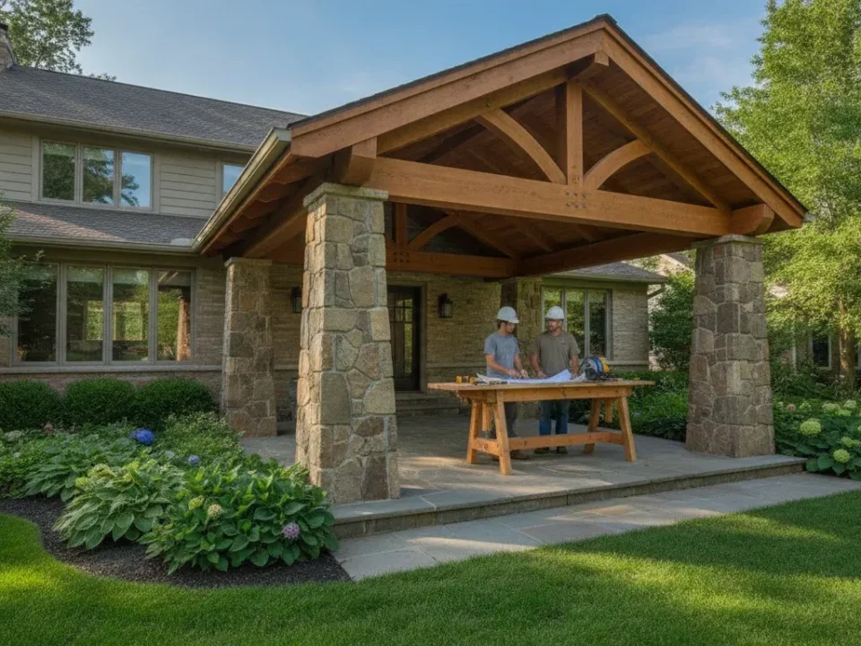 Covered porch addition with timber roof and stone columns on a Milwaukee-area home
