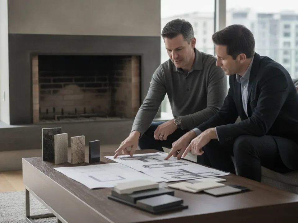 Fireplace remodel contractor reviewing plans and material samples in a modern living room.