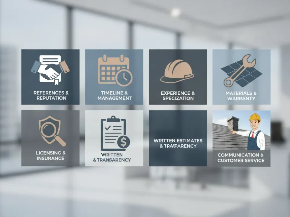 Roofing contractor checklist with icons for reputation, timeline, experience, warranty, insurance, and service.