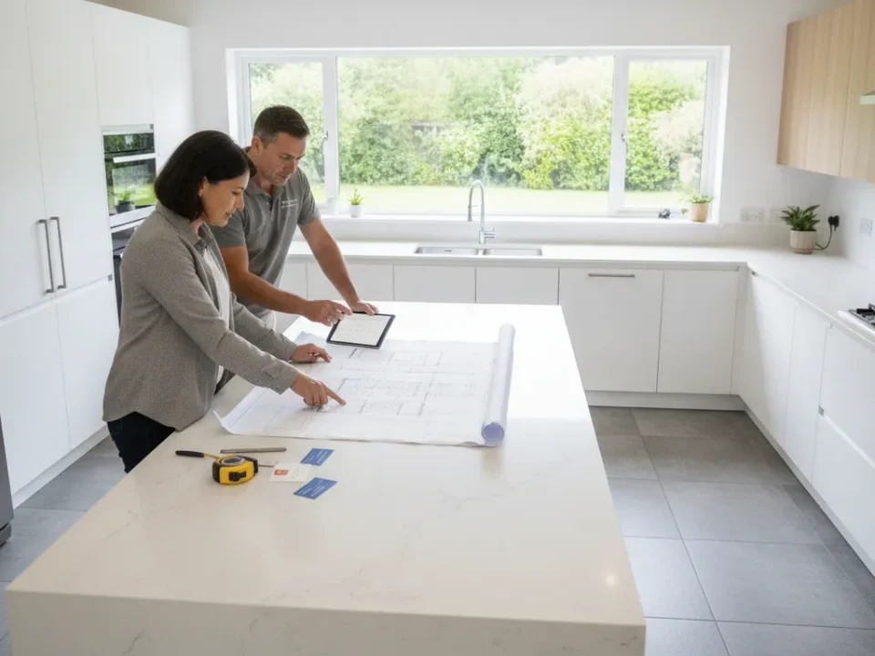 Kitchen remodel contractors reviewing blueprints in a modern white kitchen.