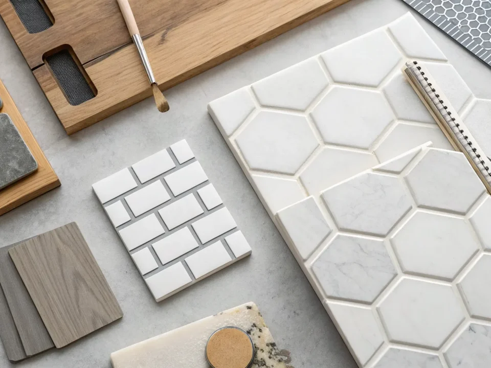 Choosing the best bathroom tiles from a selection of samples.
