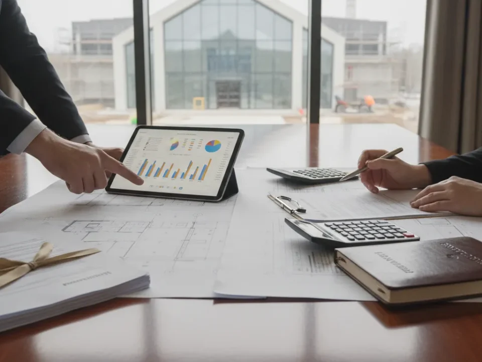 Two people reviewing church renovation financing charts and budget plans.