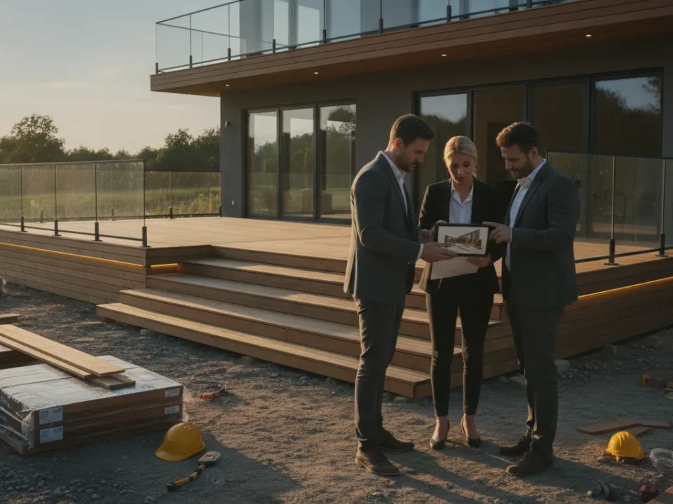 Residential deck contractors reviewing deck plans outside a modern home.