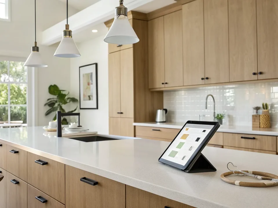 Using a kitchen remodel cost estimator on a tablet in a modern kitchen.
