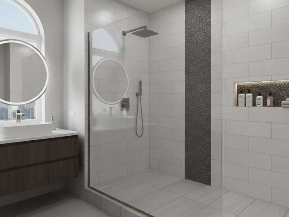 Modern walk-in shower remodel with glass enclosure, rainfall showerhead, and built-in niche.