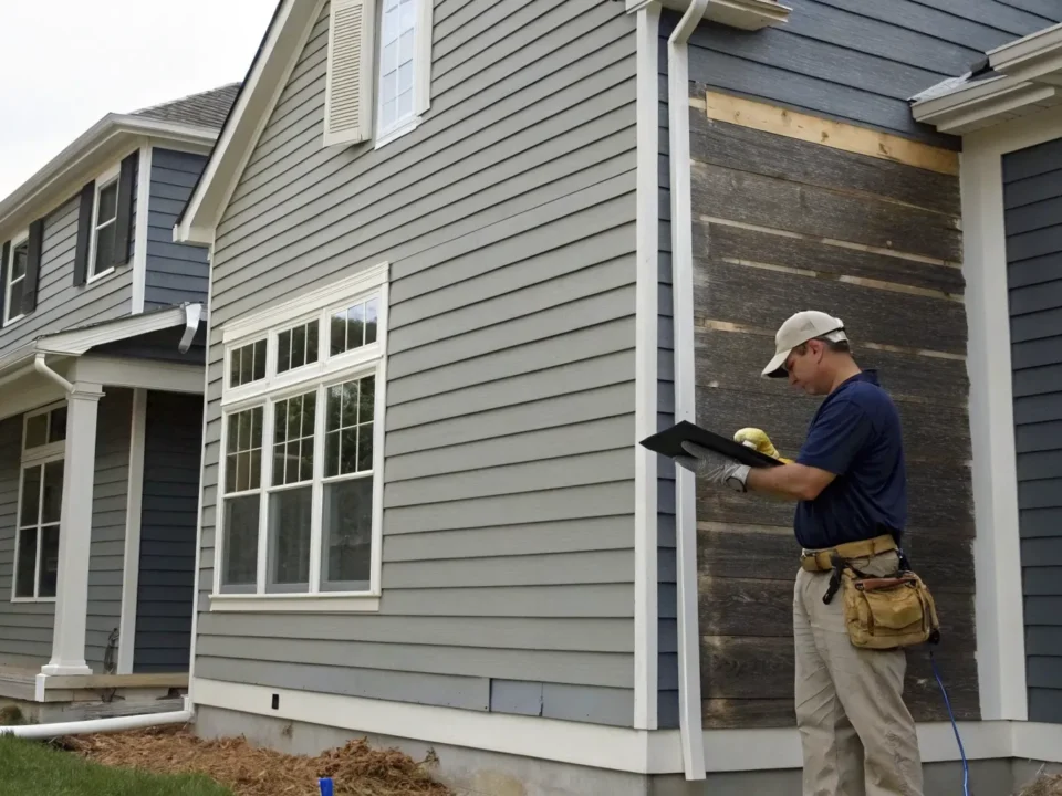 Contractor inspecting a house for a siding replacement estimate.