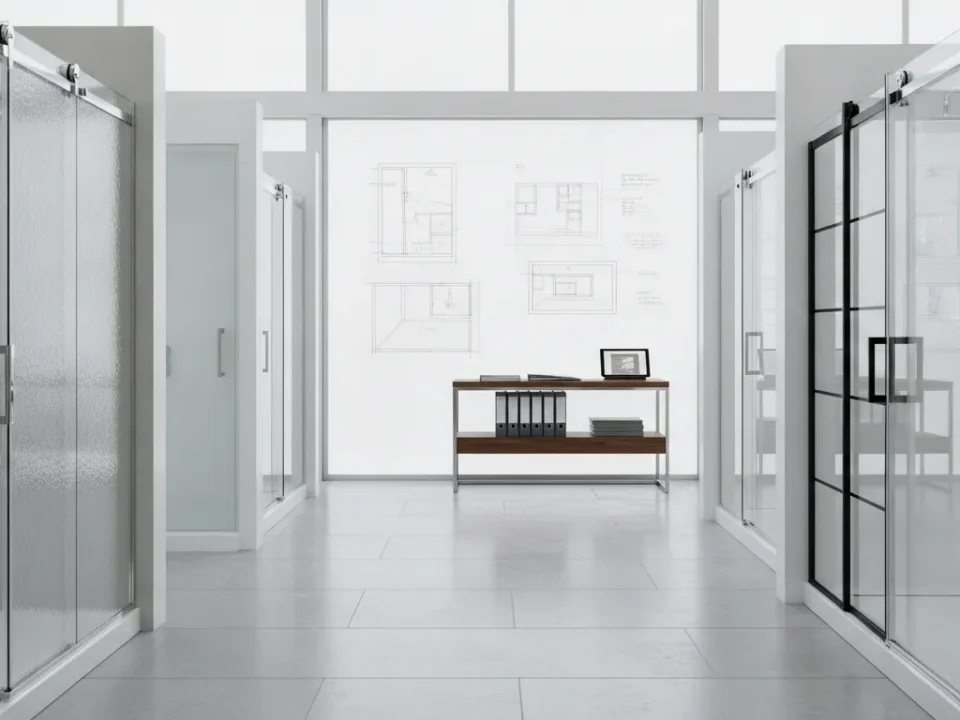 Framed, frameless, and sliding glass shower doors on display in a modern bathroom showroom.