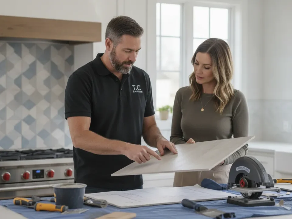 Tile contractor discussing tile options with a homeowner in a modern kitchen.