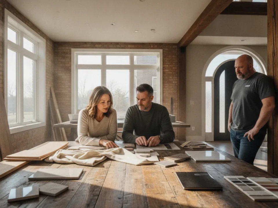 Homeowner and remodeling team discussing a design-build project