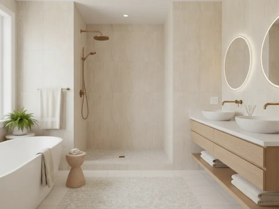 Milwaukee bathroom remodel with coordinated shower wall and floor tile