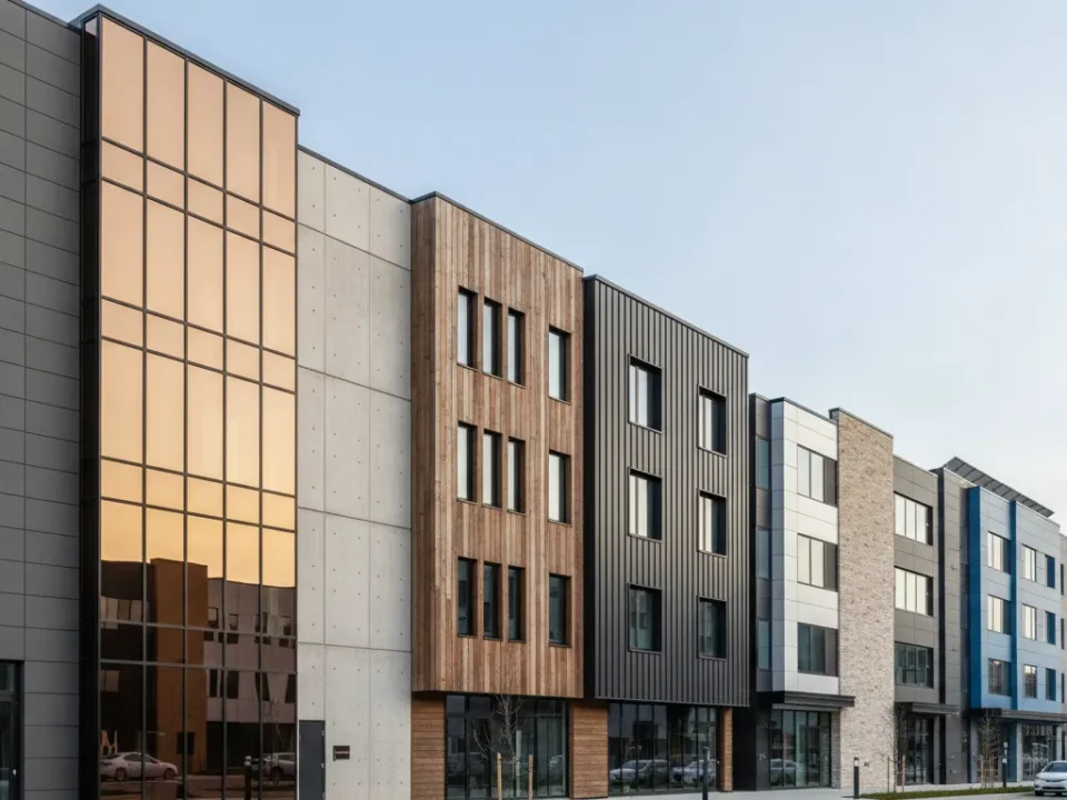 Modern commercial buildings featuring metal, wood, brick, and architectural panel siding.