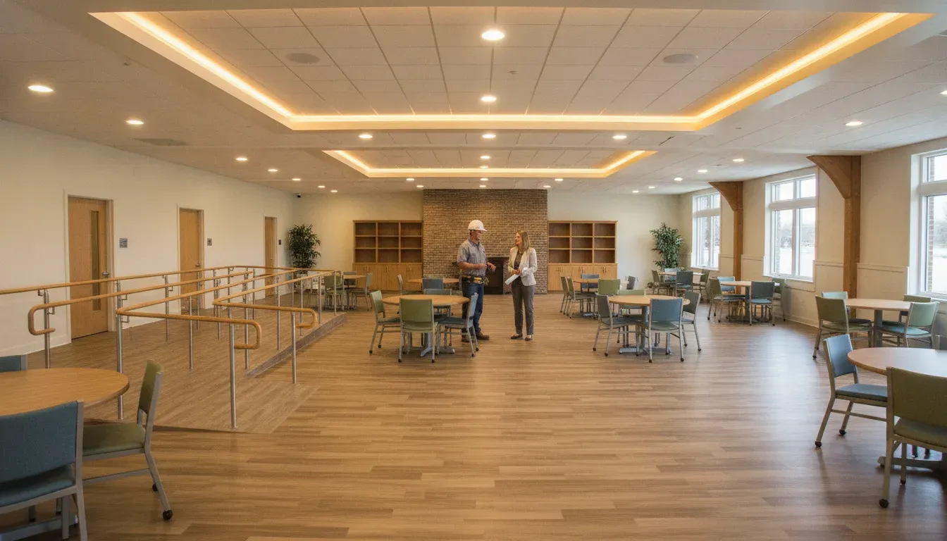 Church renovation ideas on a budget shown in a remodeled fellowship hall