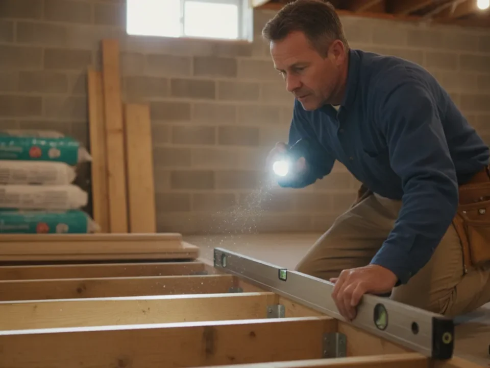Contractor inspecting floor framing and joists in a residential basement