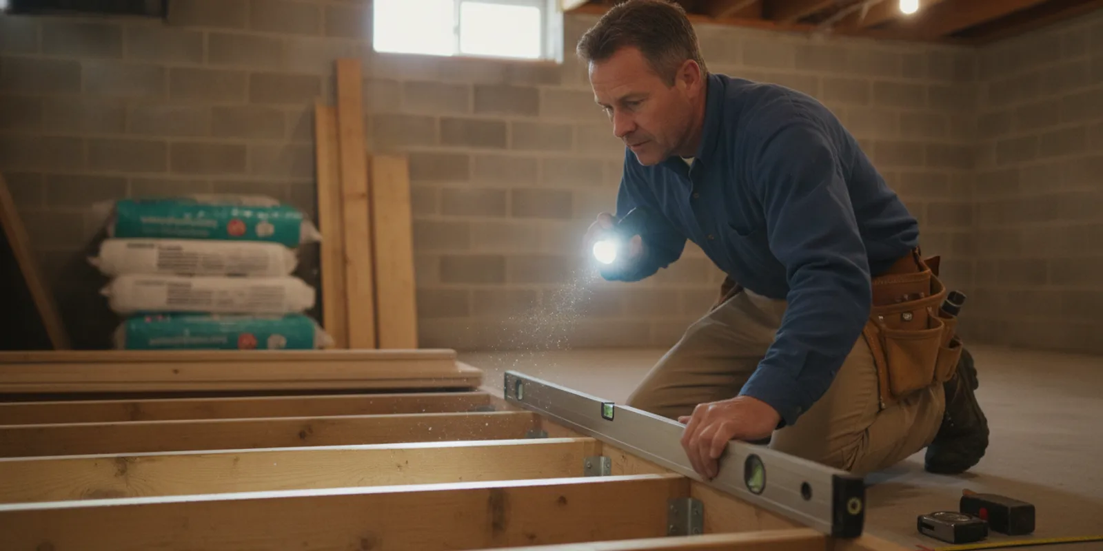 Contractor inspecting floor framing and joists in a residential basement