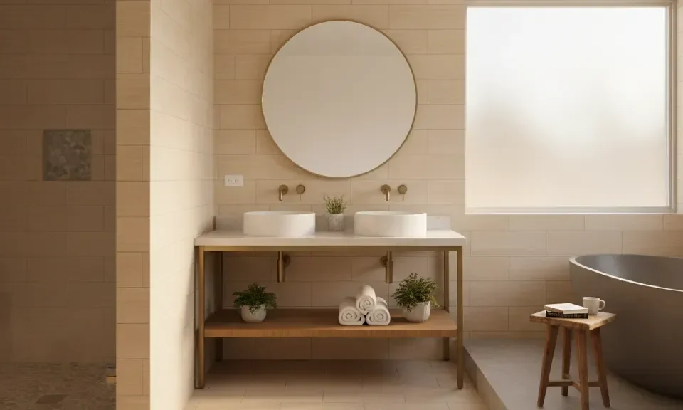 Bright Milwaukee bathroom remodel with a walk-in shower, freestanding vanity, and carefully selected finishes.