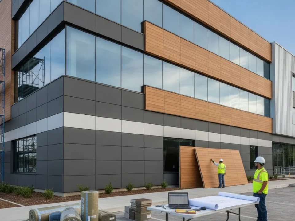 Commercial siding installation on a modern building with workers in safety gear and materials outside.