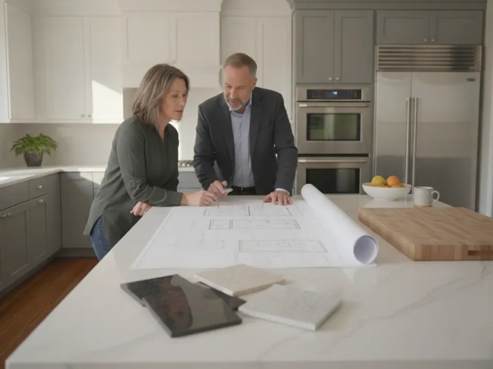Homeowner reviewing kitchen remodel cost estimator details with a remodeling designer