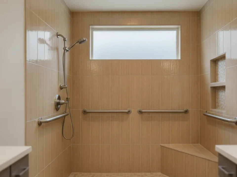 Walk-in shower with a low entry, grab bars, handheld shower, and built-in bench