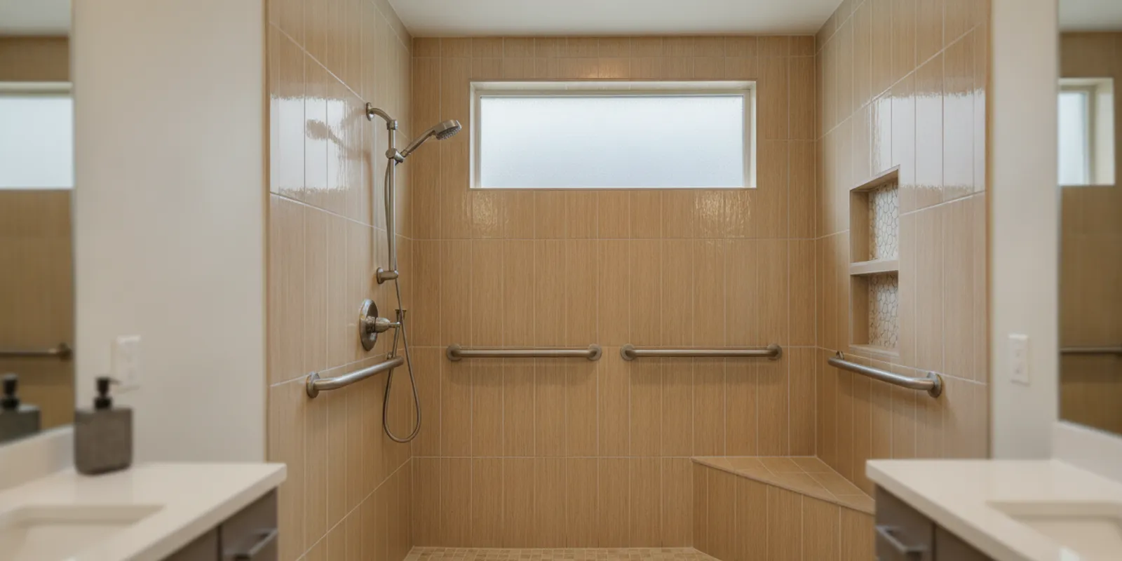 Walk-in shower with a low entry, grab bars, handheld shower, and built-in bench